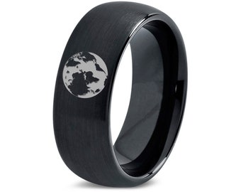 World Map Wedding Band Black,Tungsten Ring Bevel,Tungsten Rings For Men 8mm,Gifts For Her,Gifts For Him,Wedding Gifts,Anniversary Gifts