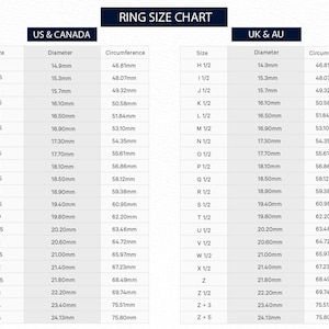 May include: Ring size chart for US and UK/AU sizes. The chart shows the corresponding ring size, diameter, and circumference in millimeters for both sizing systems.