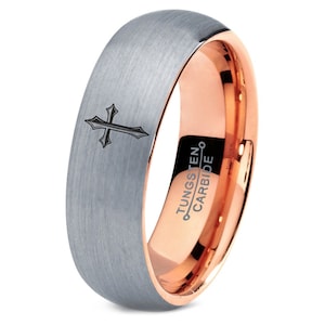 Mens Wedding Bands Rose Gold - Christian Ring - Holy Cross Ring - Gray Tungsten Rings - Engagement Rings - Anniversary Gift For Husband
