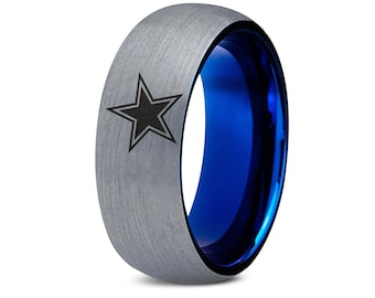 Anillo de boda azul Dallas Star Cowboy, regalo para amantes del fútbol americano, anillo de tungsteno Galaxy Star, anillo de compromiso único con forma de estrella para hombres, regalo para él y para ella.