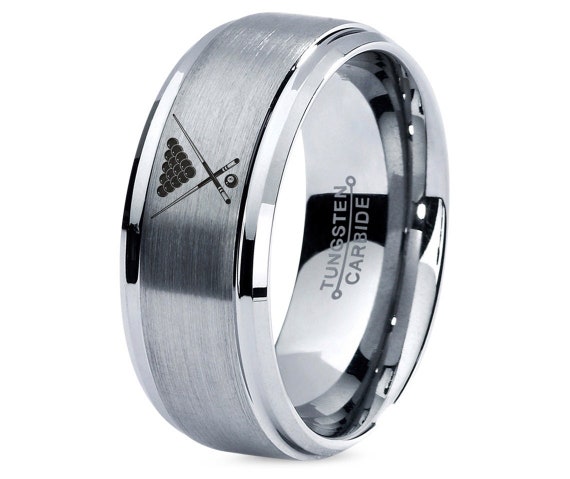 Mens Ring | 8 Ball Pool Ring | Silver Wedding Ring | Gray Tungsten