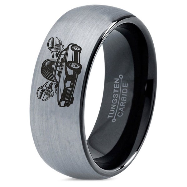 Wrench Car Tire Ring Gift For Mechanic, Gray Tungsten Ring, Engagement Ring, Simple Black Ring, Promise Ring, Birthday Gift, Gift For Him