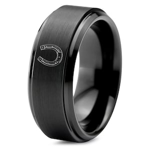 Race Horse Shoe Ring - Black Wedding Band - Simple Tungsten Ring - Personalized Gifts - Best Friend Gift - Unisex Ring - Free Shipping