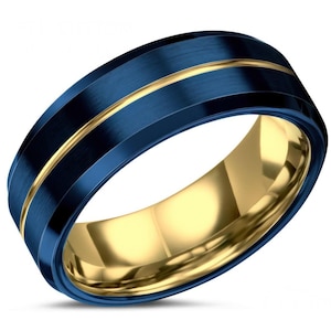 May include: A blue and gold tungsten carbide ring with a brushed finish. The ring has a beveled edge and two gold bands.