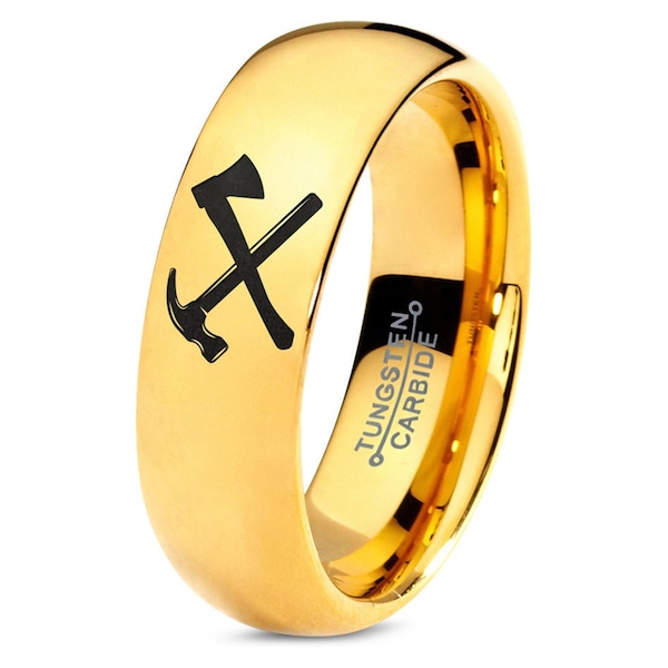 Claw Hammer Splitting Ax Ring, Yellow Gold Wedding Band, Tungsten Promise Ring, Polished Tungsten Rings For Men, Gifts For Girlfriends