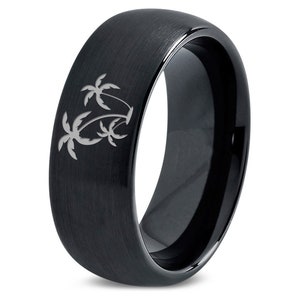 Ring For Couples - Coconut Tree Wedding Band Black - Sets His And Hers - Personalized Mens Rings Tungsten, Best Gifts For Her, Promise Ring