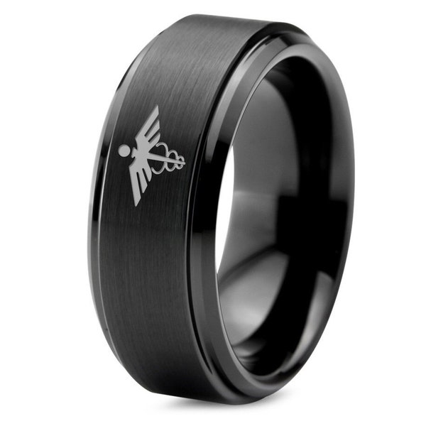 Special Edition Ring - Medical Sign Wing Ring - Black Tungsten Women - Ring For Doctor - His and Hers Couples Rings - 8mm Engagement Ring