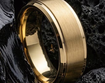 Mens Ring, Gold Tungsten Wedding Band, 8mm Beveled Edge, Jewelry, Custom, Personalized, Minimalist, Handmade, Birthday, Gift for Him
