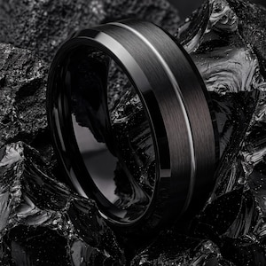 Anillo de boda para hombre, negro, plata, tungsteno, conjunto de anillos con borde biselado, joyería personalizada, minimalista, hecha a mano, regalo de cumpleaños para él.