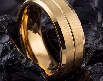 Mens Wedding Band Gold | 8mm Tungsten Ring For Men Gold | Personalized Gift For Men | Christmas Gifts For Her | Gold Engagement Rings