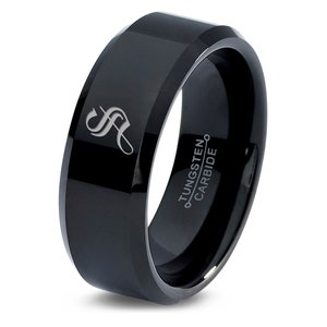 Anillo gótico antiguo con inicial en inglés personalizado / Anillo con letra personalizada / Juego de anillos de tungsteno negro / Alianza de boda para hombre de plata / Regalos para marido