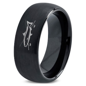 Fishing Rod Fish Ring,Fisherman Gifts,Wedding Anniversary Gifts,Domed Tungsten Ring,Mens Black Ring,Patrick’s day Gifts,Gift For Boyfriend