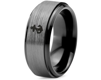 Ocean Marine Ring, Anchor Rope Ring, Mens Gray Wedding Bands, Exclusive Tungsten Band, Black Wedding Band 8mm, Gifts For Old Couples