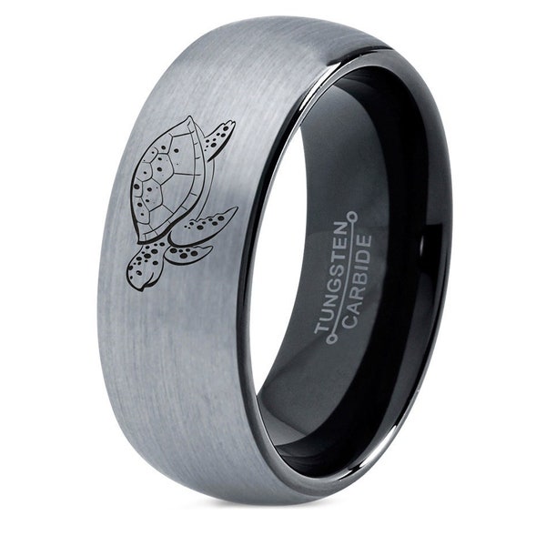 Turtle Flying Ring, Mens Silver Grey Ring, Personalized Domed Tungsten Ring, Black Tungsten Wedding Band, Engraved Ring, His and Hers Rings