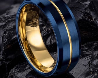 Anel de tungstênio chanfrado azul, aliança de casamento masculina dourada, ideia de presente de aniversário, presentes personalizados para ele, anel gravado a laser, envio rápido