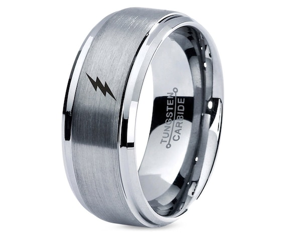 Thunderbolt Flash Ring Tungsten Wedding Band Silver Gray Brushed