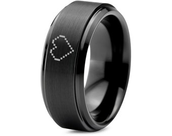 Pixelated Zelda Life Empty Heart Ring - Tungsten Wedding Bands Women - Mens Black Tungsten Ring - Personalized Rings - Gifts For Anniversary