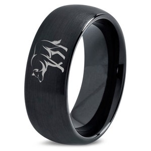 Lone Wolf Walking Ring | Black Wedding Bands | Mens Rings Black Tungsten | Dome Brushed Ring For Women | Gifts For Girl | Valentine Day Gift