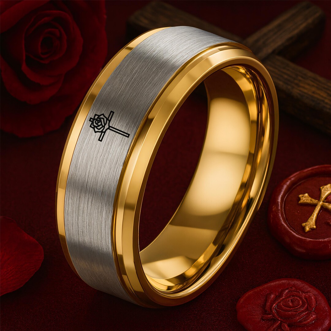 Rose Cross Ring, Gift for Religious Person, Tungsten Rings for Men Gold ...