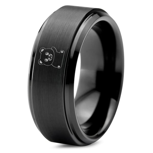 Laser Engraved Panda Cub Ring | Panda Bear Wedding Ring | Giant Panda Ring | Black Brushed Ring | Tungsten Rings For Men | Engagement Ring