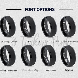 Op de afbeelding: Acht zwarte ringen met verschillende lettertypen voor de inscriptie "Ik hou van je". De lettertypen zijn Monotype Corsiva, Arial, Commercial Script BT, Times New Roman, Bradley Hand ITC, French Script MT, Comic Sans en Mistral.
