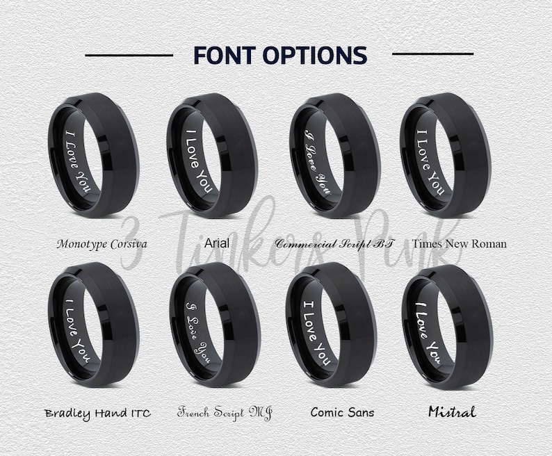 Op de afbeelding: Acht zwarte ringen met verschillende lettertypen voor de inscriptie "Ik hou van je". De lettertypen zijn Monotype Corsiva, Arial, Commercial Script BT, Times New Roman, Bradley Hand ITC, French Script MT, Comic Sans en Mistral.