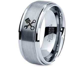Engraved Piston Open Wrench Ring Women Tungsten Wedding Rings