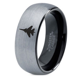 Military Fighter Aircraft Ring - Men Wedding Bands - Black Tungsten Ring - Womens Ring Silver - Engraved Ring - Unique Engagement Rings