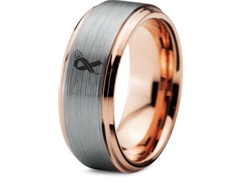 Breast Cancer Awareness Band with Engraved, Cancer Ribbon Ring, Cancer Strength Ting, 18K Rose Gold Ring, Tungsten Ring for Girl, 8mm Ring
