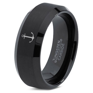 Naval Anchor Ring, Gift For Navy, Black Wedding Band Men, Tungsten Rings For Women, Engraved Ring, Gift For Him Personalized, Free Shipping