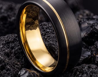 Black Gold mens wedding Band, Mens Black Tungsten Ring, Tungsten Carbide Ring, Anniversary Band, Unique Engagement Ring Gift for him,her