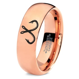 Gegraveerde ring hengelhaak, roségouden trouwringen voor hem en haar, roségouden wolfraamcarbide ring, beloftering, ring van 7 mm, bijpassende ring