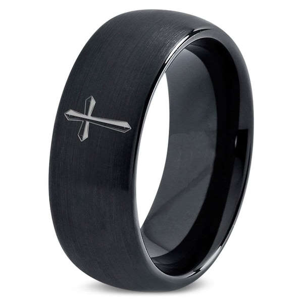 Black Christian Holy Cross Ring - Dome Wedding Band - Cute Tungsten Ring - Mens Wedding Ring - Engagement Rings - Christmas Gift For Husband