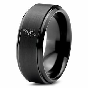 Vocal Line Treble Music Ring,Music Sheet Ring,Artists Ring,Mens Wedding Band,Step Bevel Black Tungsten Ring,Perfect Ring For Music Lovers