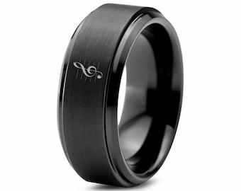 Vocal Line Treble Music Ring,Music Sheet Ring,Artists Ring,Mens Wedding Band,Step Bevel Black Tungsten Ring,Perfect Ring For Music Lovers