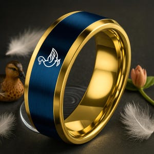 Regalo para amantes de la vida silvestre - Anillo de pato - Anillo de tungsteno dorado azul para hombre - Regalo de San Valentín - Lindos regalos de cumpleaños - Juego de anillos - Anillos de boda de 18 quilates