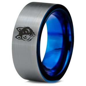 Wild Wolf Face Ring, Set of Wedding Rings, Silver Blue Ring, Matching Tungsten Rings, Women Promise Rings, Unique Graduation Gifts, Flat Cut
