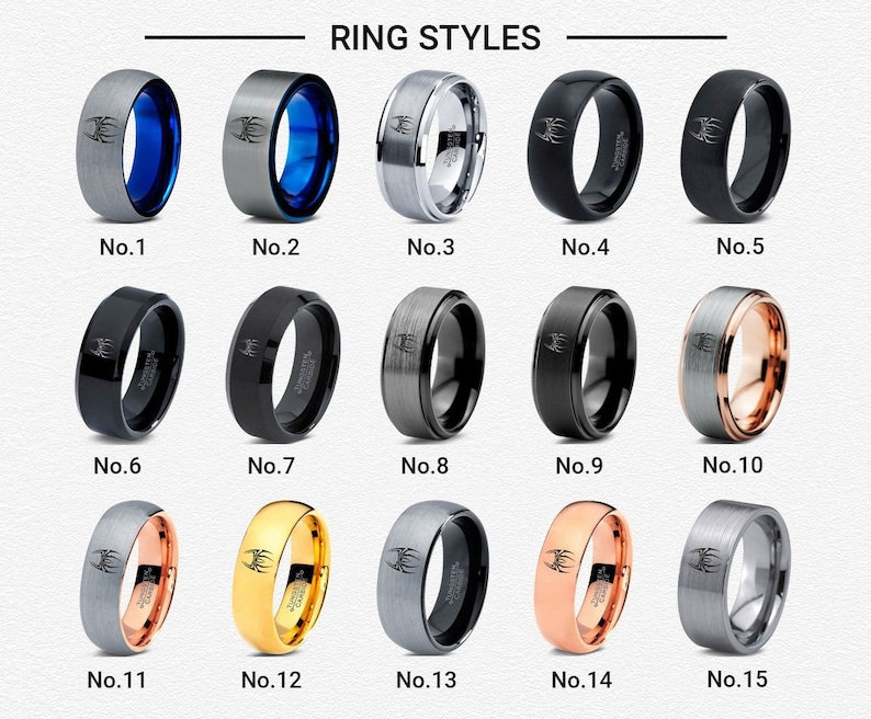 May include: Fifteen different styles of men's wedding bands. The bands are made of various metals, including silver, gold, and black tungsten. Each band features a unique design, including a brushed finish, a polished finish, and a hammered finish.