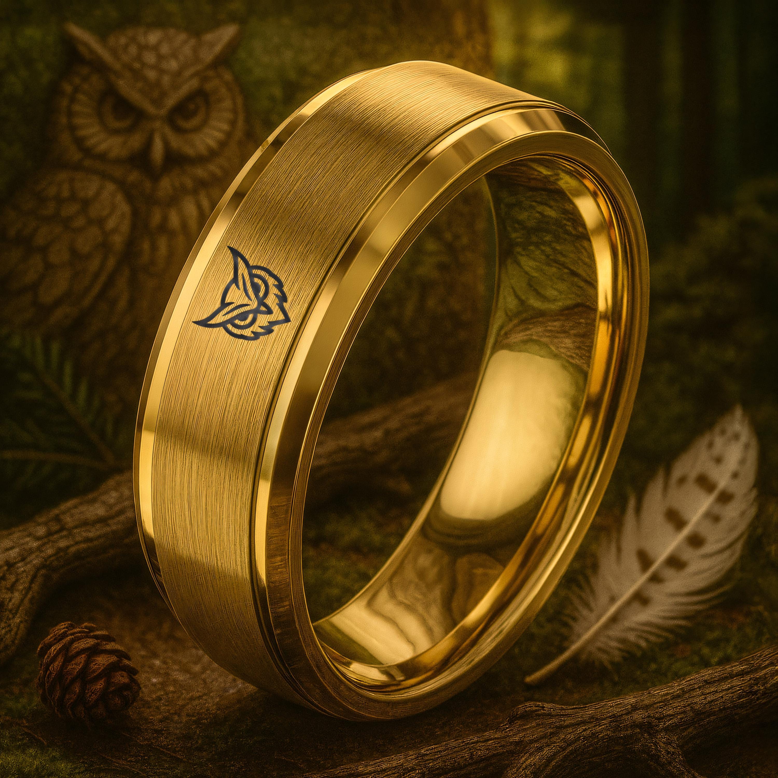 Gift for Nature Fan | Owl Ring | Brushed Gold Tungsten Rings for Men | Engagement Rings Couples Set 