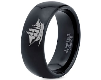 Caribbean Ring,Pirate Ship Ring,Wedding Ring Men,Engraving Tungsten Womens Ring,Black Polished Ring,Couple Personalized Rings,His ana Her