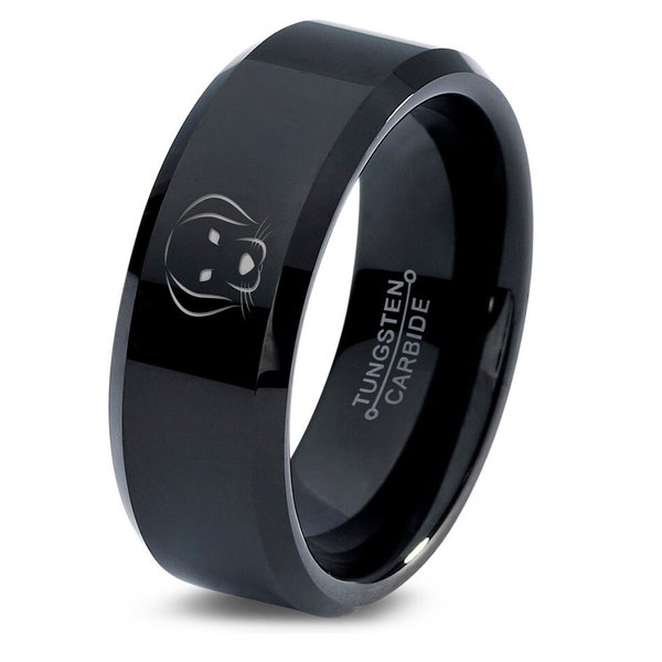 Cute Pet Puppy Dog Ring | Bevel Black Tungsten Ring | Gifts For Dog Lover | Mens Polished Wedding Band | Engraved Pet Ring | Matching Ring