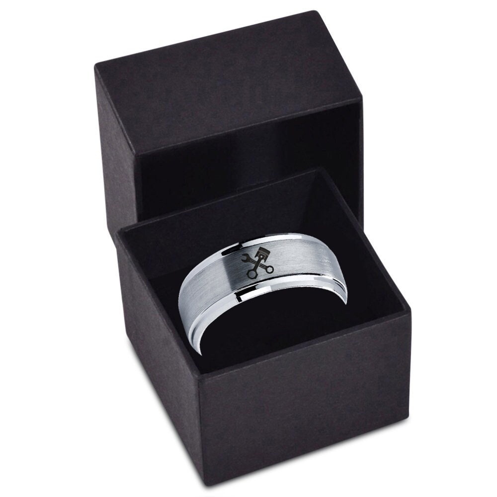 Engraved Piston Open Wrench Ring | Women Tungsten Wedding Rings