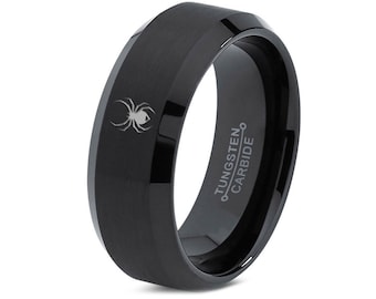 Spiderman-ring, unieke cadeaus voor hem, zwarte wolfraamring, gegraveerde mannenbeloftering, verlovingsring, cadeaus voor vriend, valentijnscadeau