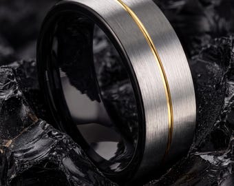 メンズゴールド結婚指輪、ブラックゴールドリング、シルバーゴールド