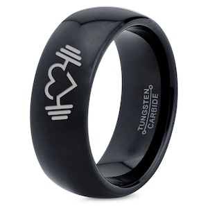 Ring For Muscle Builder | Dumbbell Heart Ring | Black Brushed Wedding Bands | Tungsten Rings For Men Women | Birthday Gifts For Boyfriend