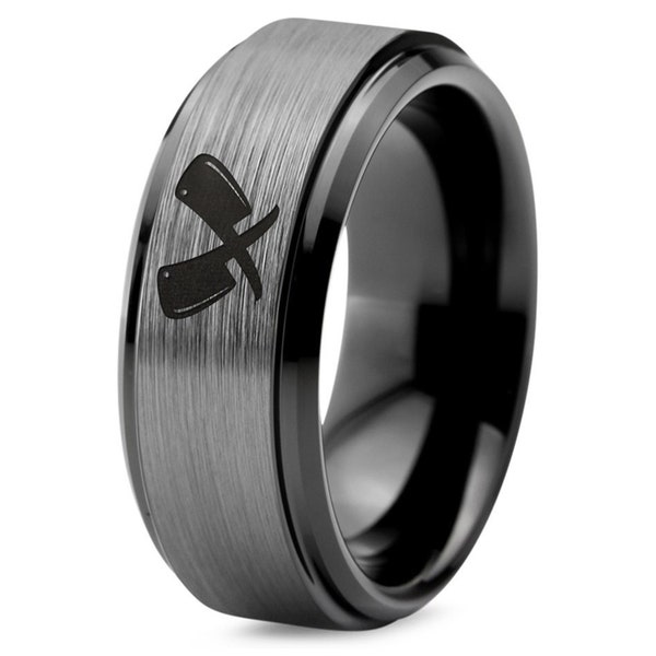 Butcher Knife Ring -  Ring For Butcher - Wedding Bands For Him And Her - Black Tungsten Rings For Men - Silver Brushed Ring - Free Shipping