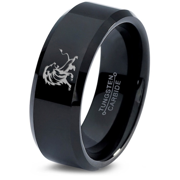 Mascot Wild Roaring Lion Leo Ring | Men Black Wedding Band | Polished Tungsten Ring | Jewelry Rings | Bands For Fisherman | Anniversary Gift