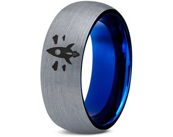 Astronaut Rocket Tungsten Ring, Blue Interior, Personalized Wedding Band