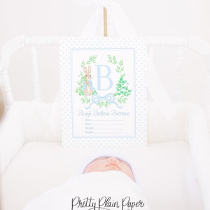 Hospital Baby Sign | 8x10 Printable | Watercolor Bunny Crest | Baby Announcement | Baby Name Crest | Welcome Newborn Stats | Monogram | 3013