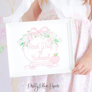 Watercolor First Day of School Crest with Bow Sign | 8x10 Printable | Pretty Back to School Sign | Pink Crest with Hydrangeas | 1055 105515